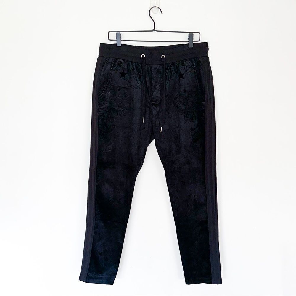 Black Velvet Star Embossed Elastic Waist Drawstring Straight Leg Tuxedo Stripe P